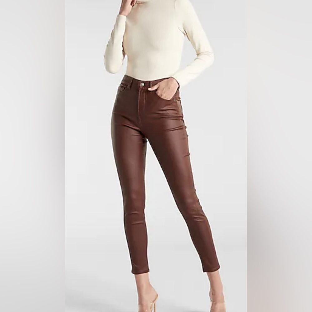 Express High Waisted brown Coated Skinny Jeans.
